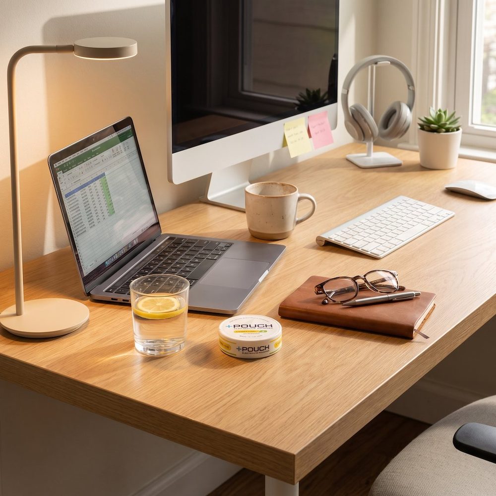 A +Pouch tin on a desk next to a laptop