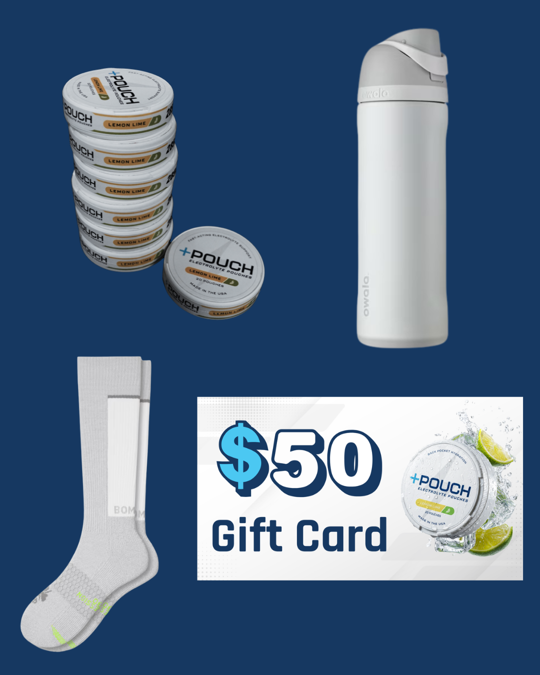 The +Pouch grand prize kit: twelve tins, an Owala bottle, Bombas compression socks, and a fifty dollar gift card