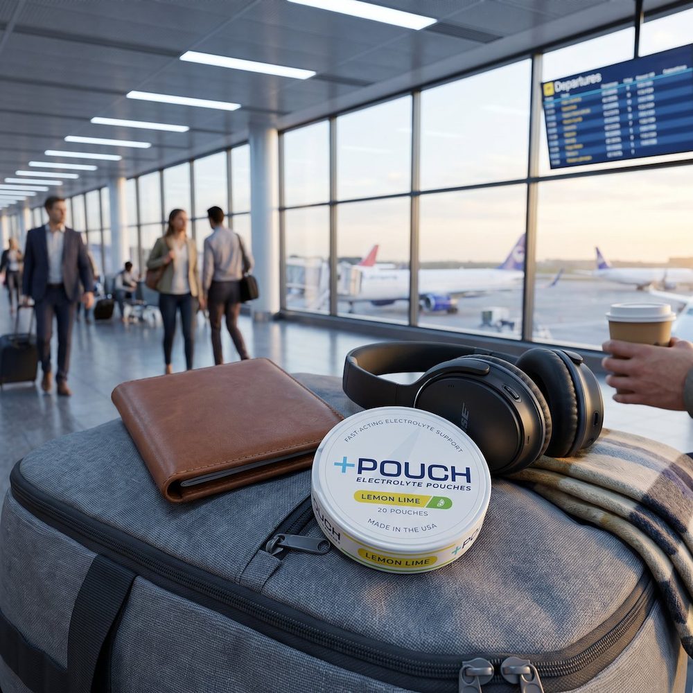 A +Pouch tin on a carry-on bag at an airport gate