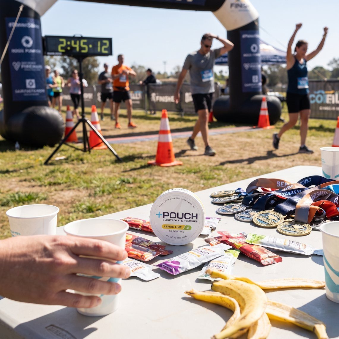 A +Pouch tin on a table at a race finish area