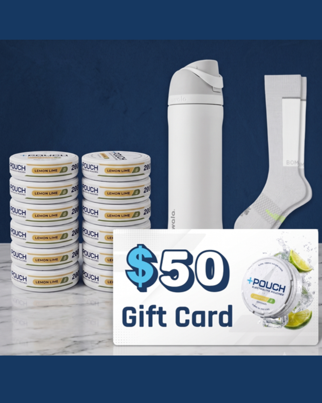 Flat lay of the full grand prize kit: twelve tins in two six-pack stacks, Owala bottle, Bombas compression socks, and a fifty dollar gift card
